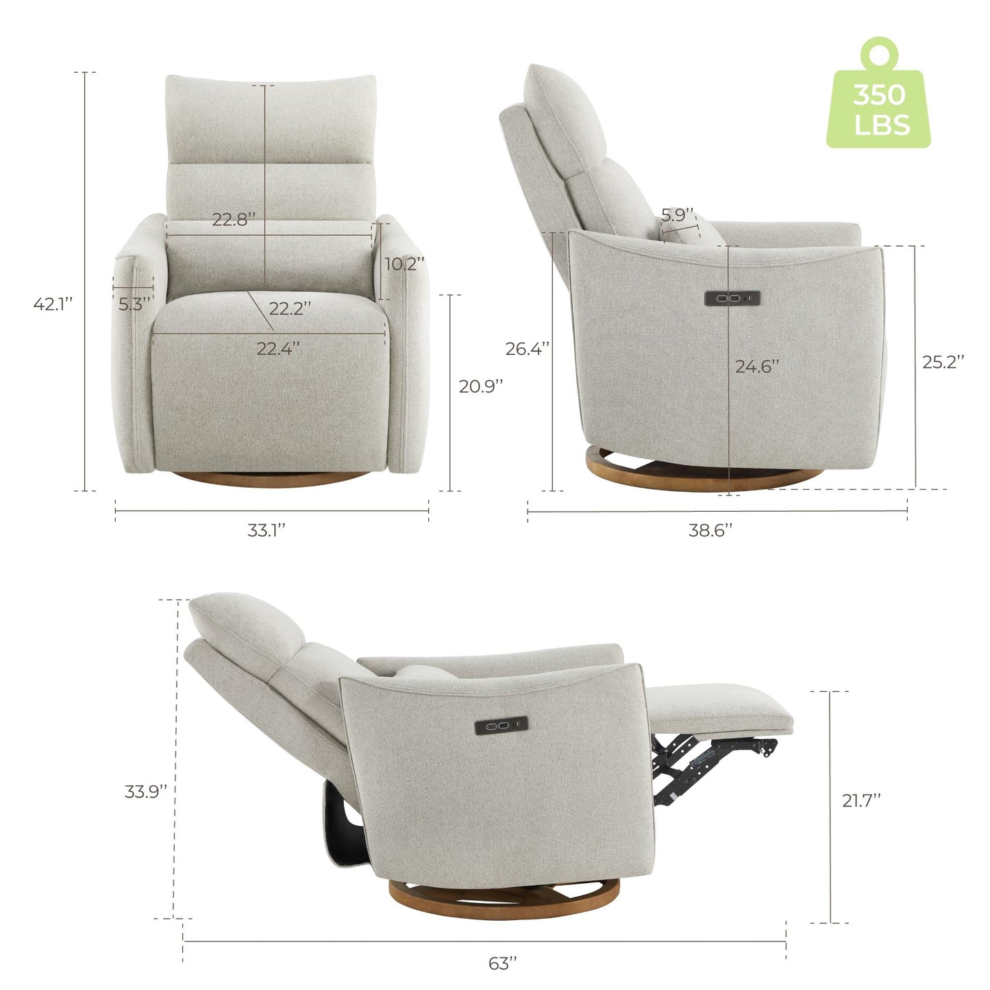 CHITA Swivel Rocker Recliner Chair, Power Nursery Glider Recliner, Nursery Rocking Chair with Adjustable Power Headrest, FSC Certified, Solid Wood Base, Crockery (Gray)