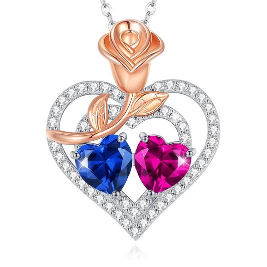AGVANA September October Birthstone Jewelry Sapphire Pink Tourmaline Necklace Sterling Silver Rose Flower Heart Double Birthstone Pendant Necklace Anniversary Birthday Gifts for Women Mom Wife Her