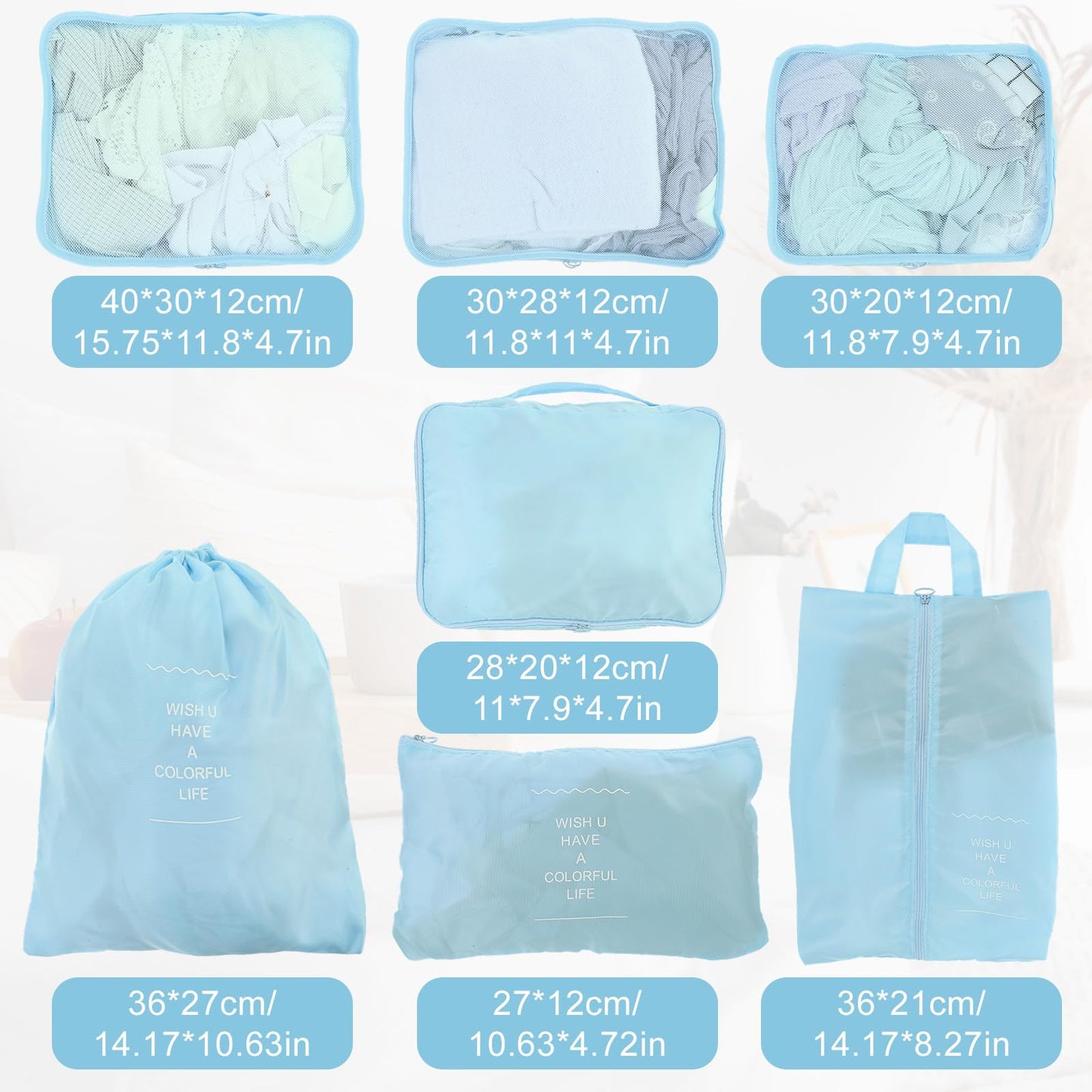 PercyEffie 28 Set Packing Cubes for Travel Luggage Organizer Bags Foldable Travel Organizers with Mesh Shoe Bags Toiletry for Suitcases Family Trips Camping (Beige Gray Pink Light Blue)
