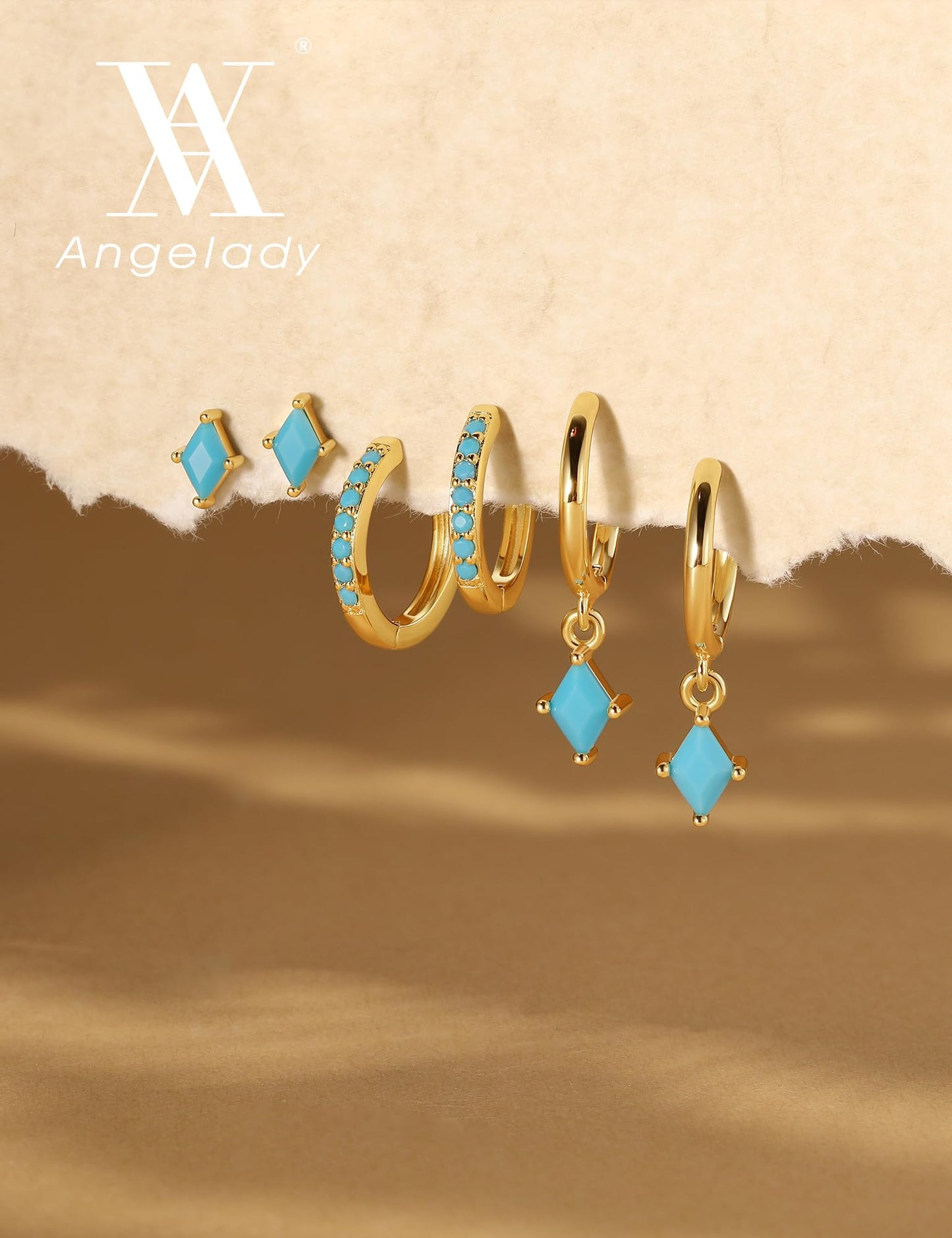 3 Pairs Gold Turquoise Earrings Set for Women, Dainty 14K Gold Plated Hypoallergenic Turquoise Dangle Hoop Earring, Trendy Small Gold Earring Stack, Western Earrings Jewelry Gifts