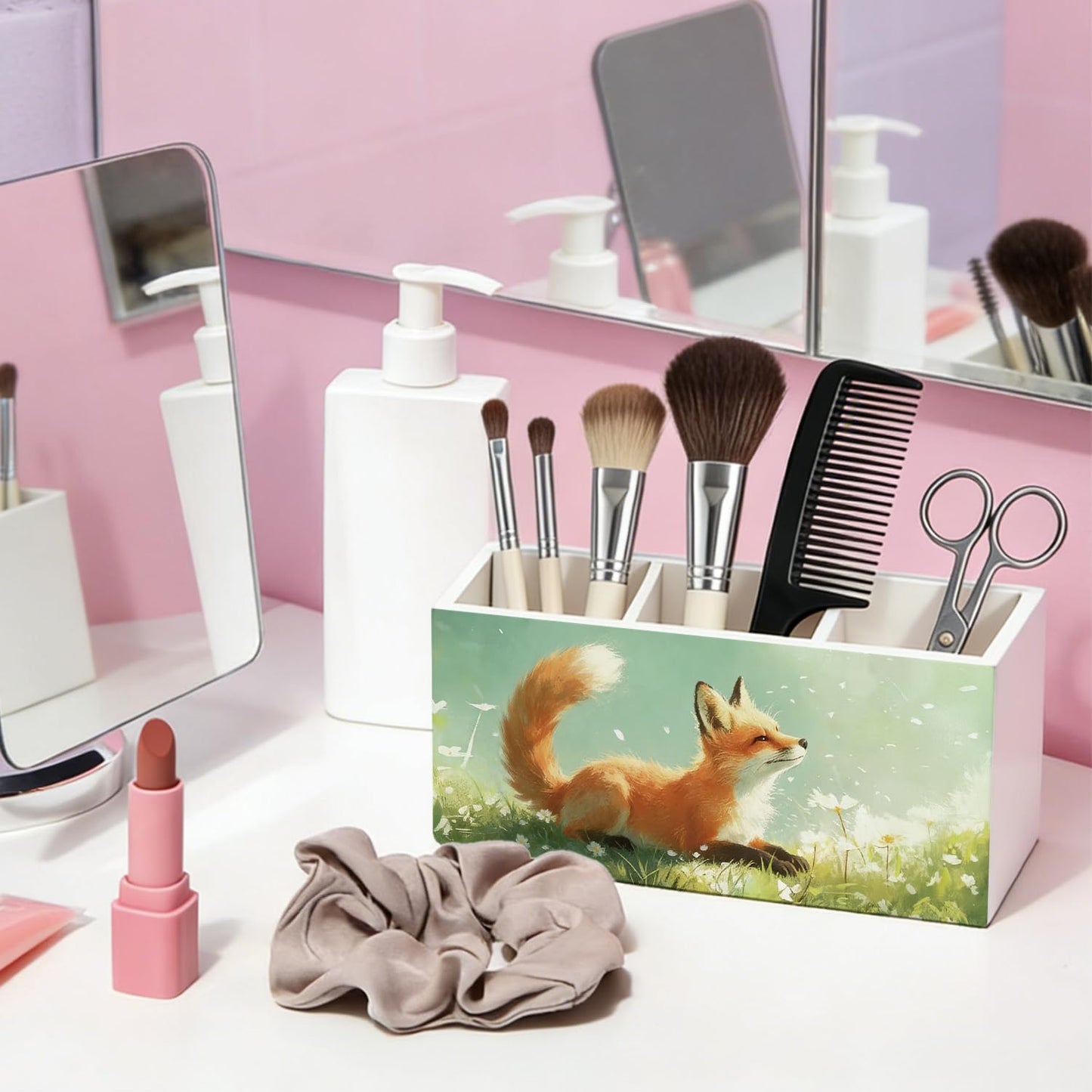 SkyCozy Fox Pen Pencil Holder for Desk, Fox Gifts for Women Men, Animal Lovers Gifts, Rustic Wildflower Wild Animal Wooden Box Sign Decorations for Kids Room Bedroom Home Office Desk Tabletop