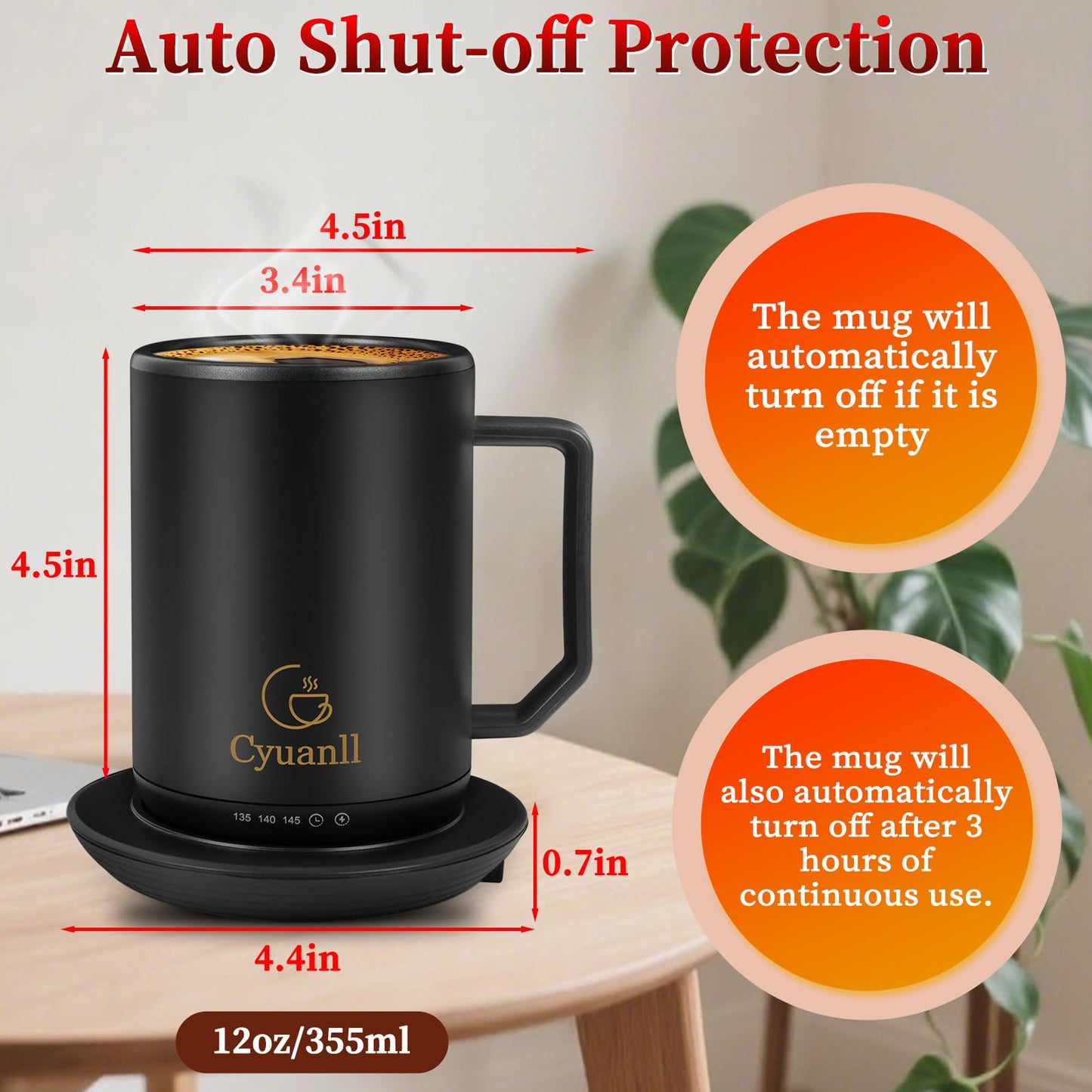 Upgraded Heated Coffee Mug with Auto Shut-Off Function,Self-Heating Temperature Control Mug with Lid and Spoon,Smart Mugs Warmer for Coffee,3 Temperature Settings,Gifts for Men and Women(Black-12 oz)