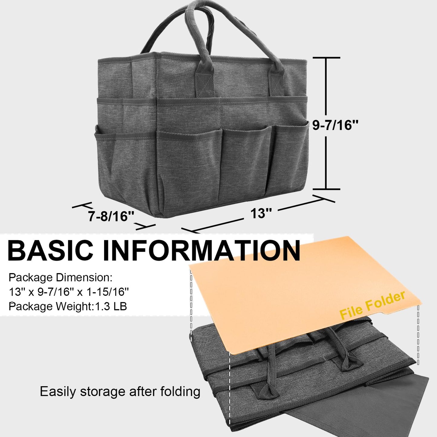 Cupohus Art Organizer Craft Storage Tote Bag with Pockets and Handles, Oxford Fabric Carrying Caddy for Teacher, Officer, Artist, Students, Traveler, and More –Grey