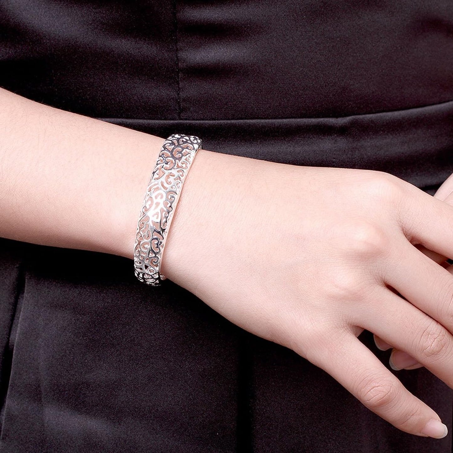 Baoaichi 925 Sterling Silver Bracelet Handmade Filigree Flower Bangle Wide Cuff Bracelets for Women Teen Girls Fashion Open Bangle Women Silver Jewelry Gift for Birthday Anniversary (silver D)