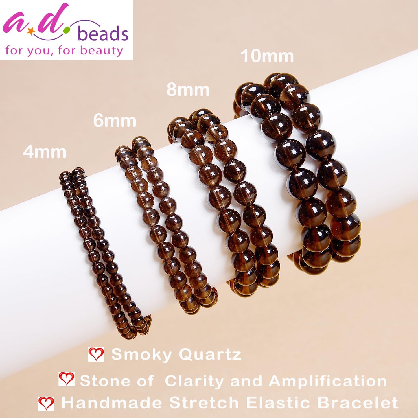 AD Beads Handmade Gemstone Stretch Elastic Bracelet Crystal Healing Reiki Nature's Beauty and Spiritual Essence Unisex (6mm, Smoky Quartz (Clarity and Amplification))