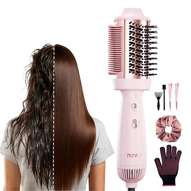 4-in-1 Blow Dryer Brush & Hair Straightener - NOVUS Ionic Hot Air Styler with Titanium Barrel, Volumizer for Frizz-Free Smoothing, Blowout Tool for All Hair Types (Pink)