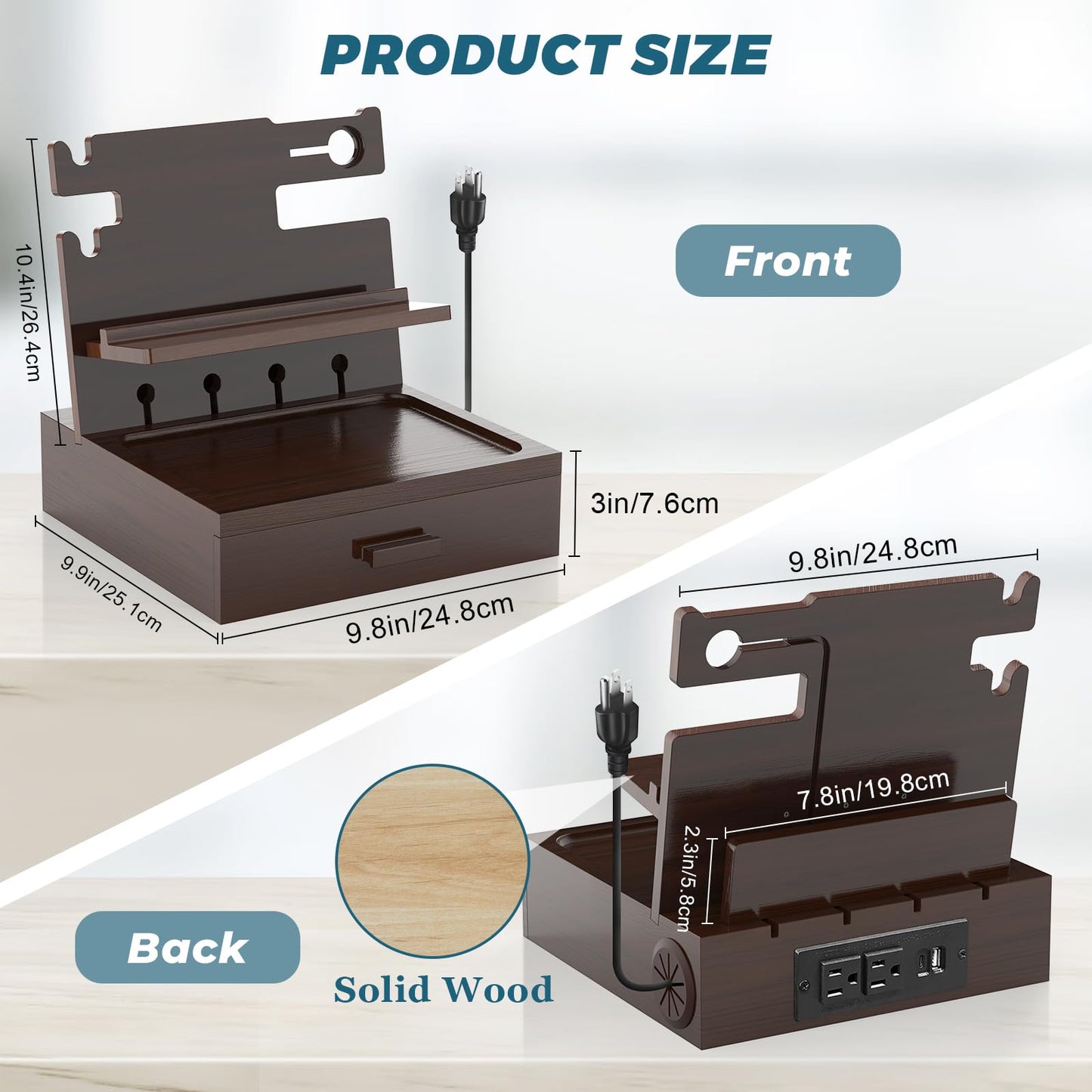 sandpaint Nightstand Organizer for Men with Drawer Wood Docking Station with USB Ports and AC Outlets, Gifts for Men, Holds Phone, Tablet, Keys, Glasses, Earphones Etc（Brown）