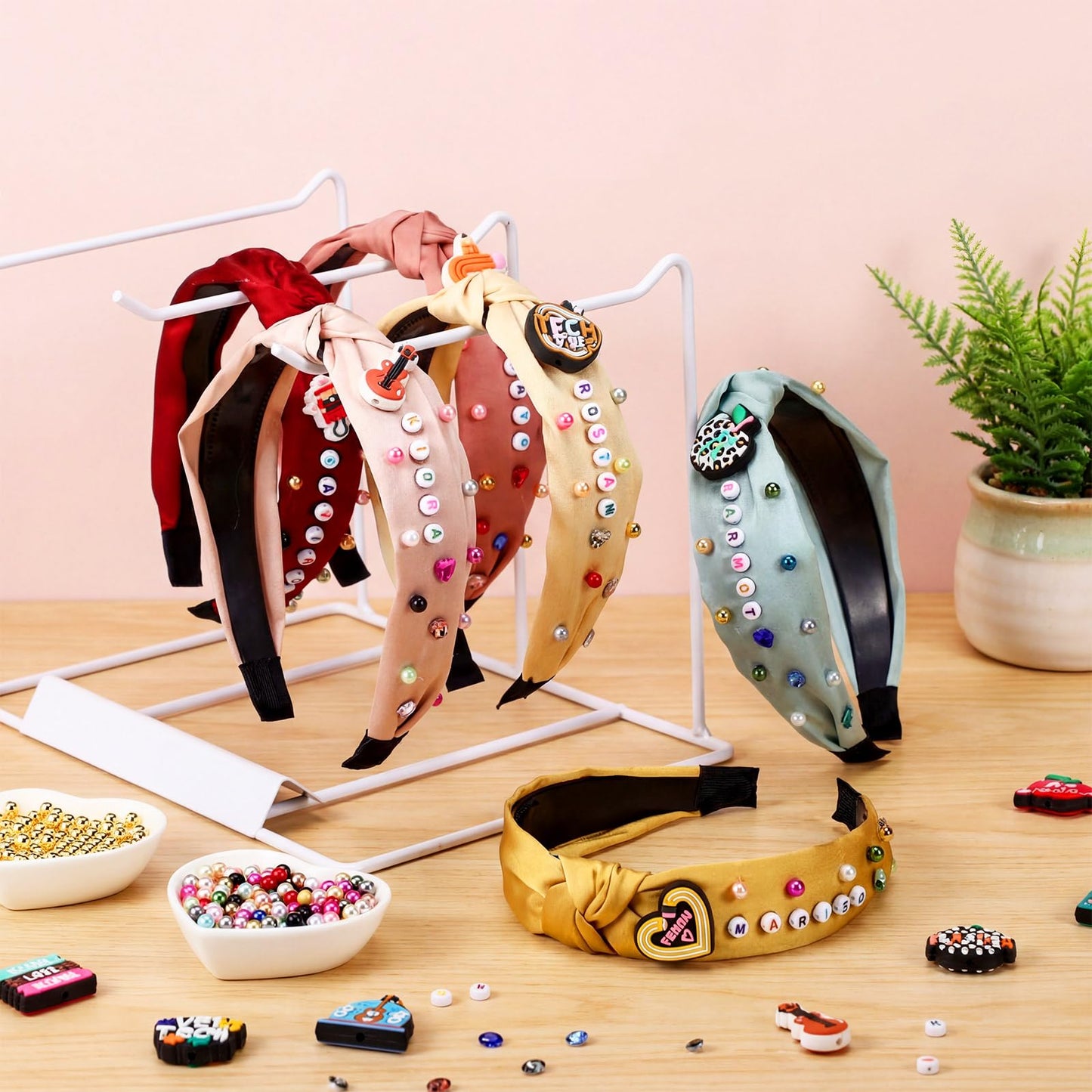 Wavyknot 636 Pieces DIY Headband Making Kit Gift Make Your Own Fashion Hair Accessories Set with Teacher Pencil School Alphabet Beads Rhinestone Diamond Pearl for Summer Classmate Graduation Supplies