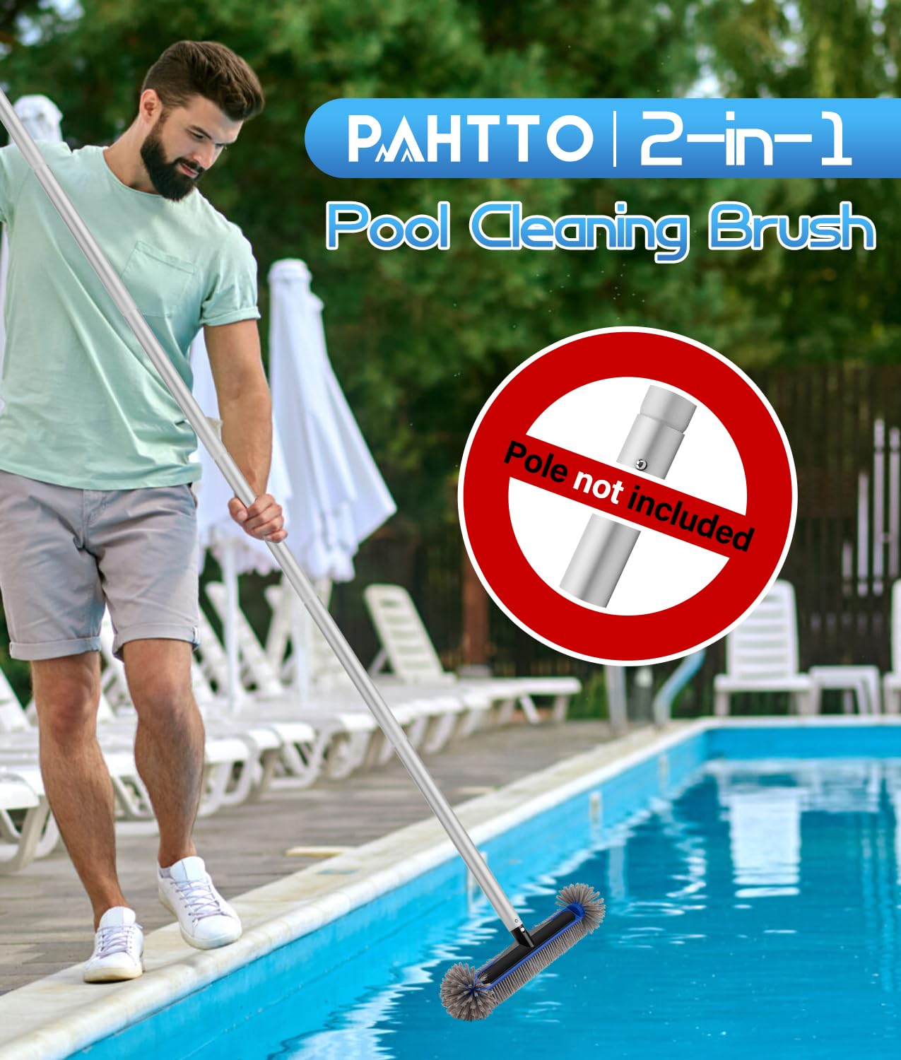 17.4'' Swimming Pool Brush Head with Round Ends, EZ Clip Aluminum Handle, Heavy Duty Pool Brushes for Clean Swimming Pools Faster, Extra Corner Brush Head for Clean Pool Steps & Corners