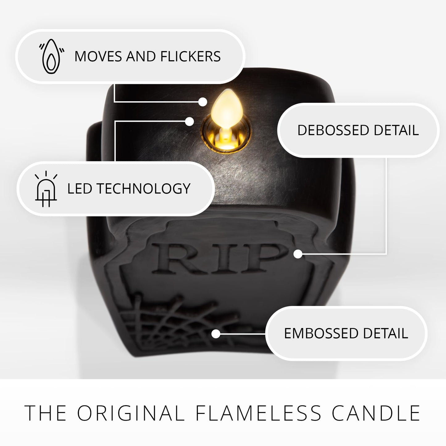 Luminara Black Flameless Candle RIP Tombstone Figural (2" x 5.5"") Moving Flame Battery Operated LED Candle Lights Halloween Decoration"
