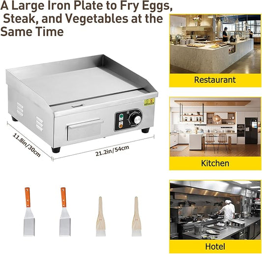 1600W 22" Half Flat Top Electric Griddle – Commercial-Grade Stainless Steel, Adjustable Temp, 2 Shovels/Brushes & Plug Included