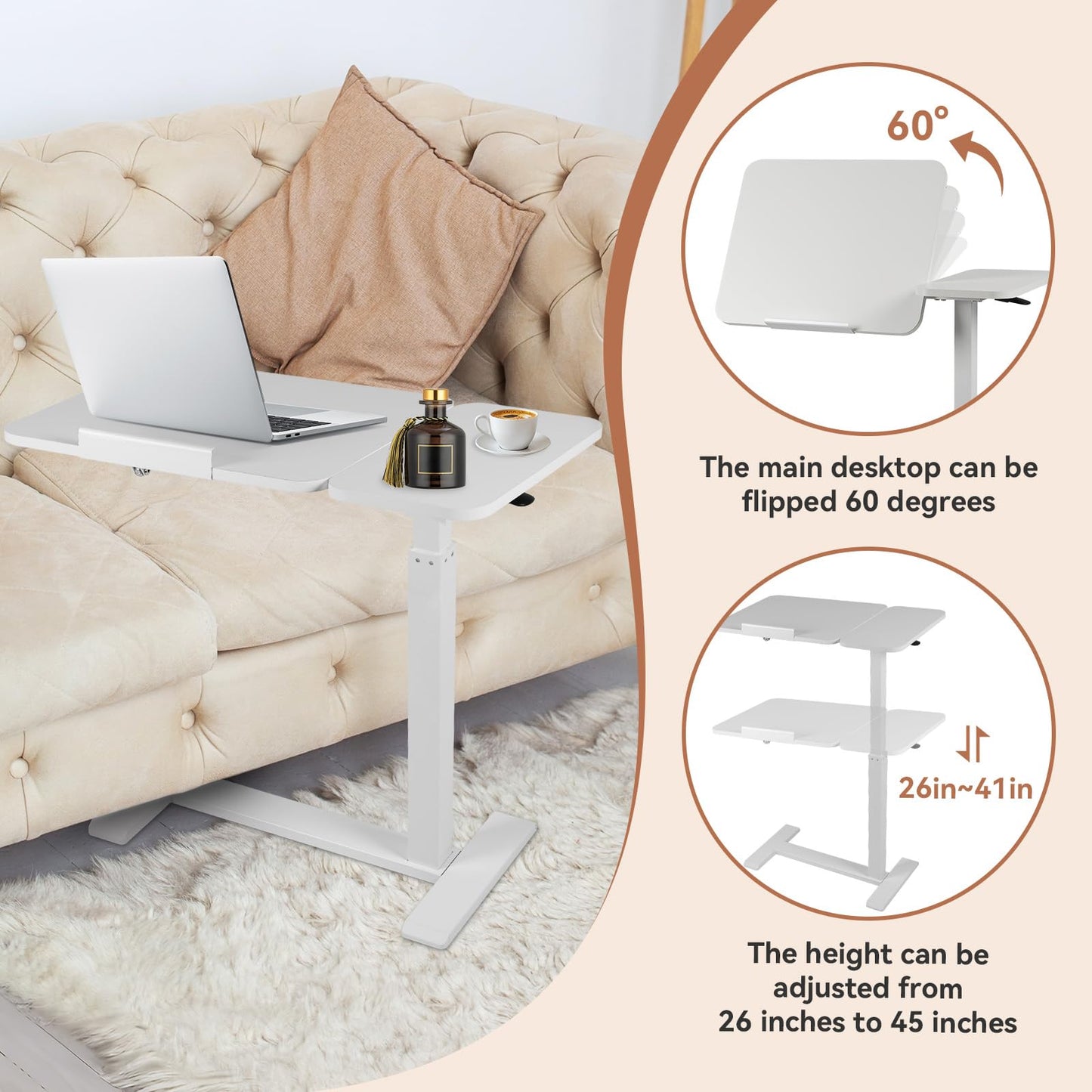 Kaixin Rabbit Height Adjustable Overbed Table，has Hidden Wheels and a Rotatable Tabletop，Can Be Used for Home Offices and Hospitals(White)