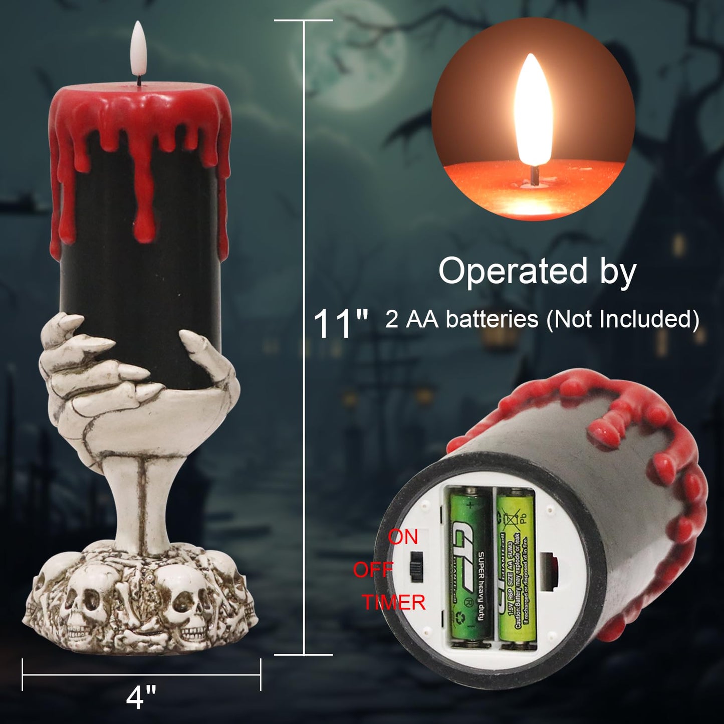 DRomance Black Flameless Flickering Candles with Timer, Blood Dripping Wax Effect Battery Operated LED Pillar Candle with Skeleton Hand Candle Holder Halloween Table Centerpiece Decor(4" x 11"")"