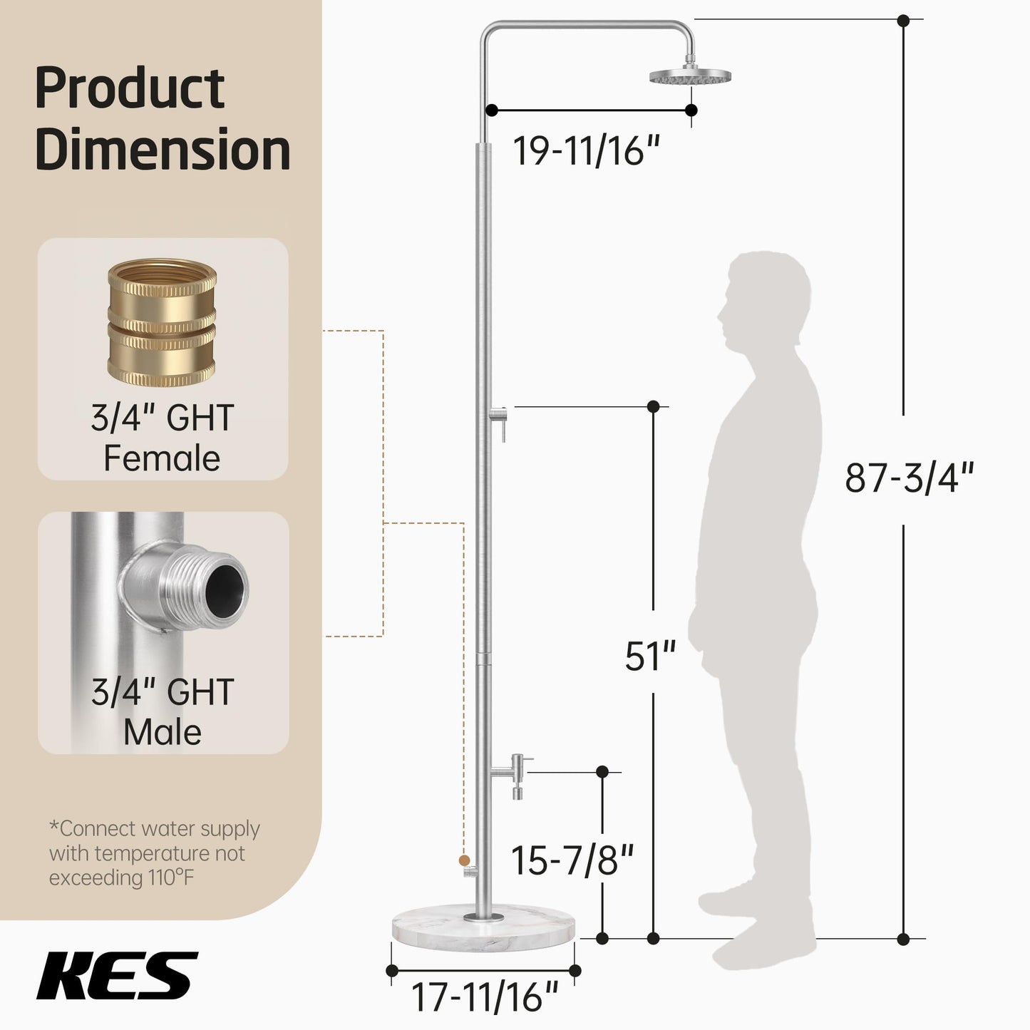 KES Natural Marble Outdoor Shower with Weighted Base, Freestanding Poolside Rain Shower Head & Foot Rinse, 3/4" Brass Hose Adapter, Anti-tip Strap & Ground Stake, 18/8 Stainless Steel, ODS200F18-BS