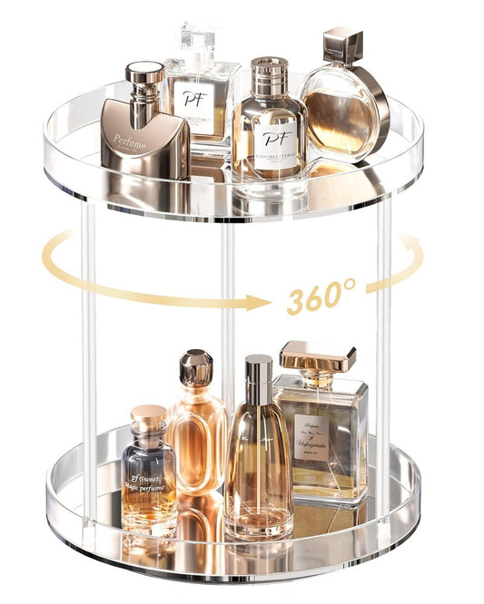Lolalet 360 Degree Rotating Acrylic Perfume Organizer Stand, 2 Tiers Clear Perfumes Holder Display Rack, Makeup Skincare Organization for Vanity Bathroom Countertop -Large, Clear