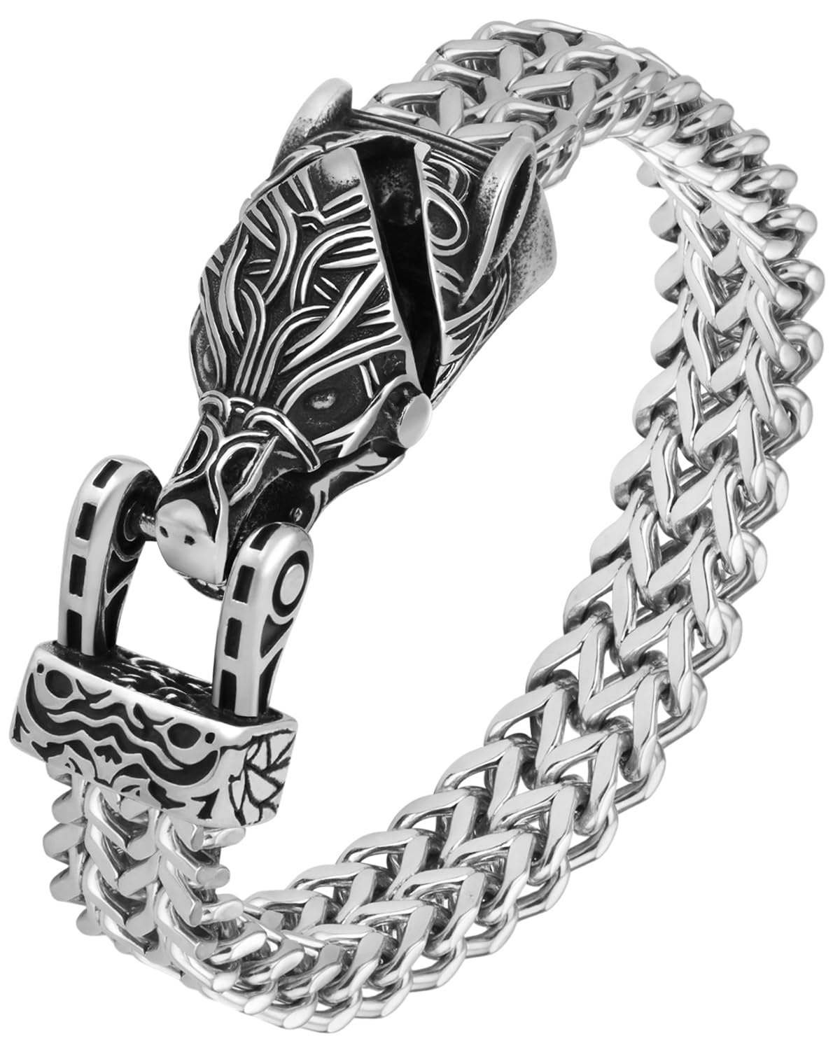 LuxGoth Stainless Steel Wolf Head Heavy Cuban Link Chain Bracelet Gothic Punk Rock Biker Vintage Norse Viking Wolf Franco Link Curb Bracelet Jewelry for Men Silver GTS-B1B45034