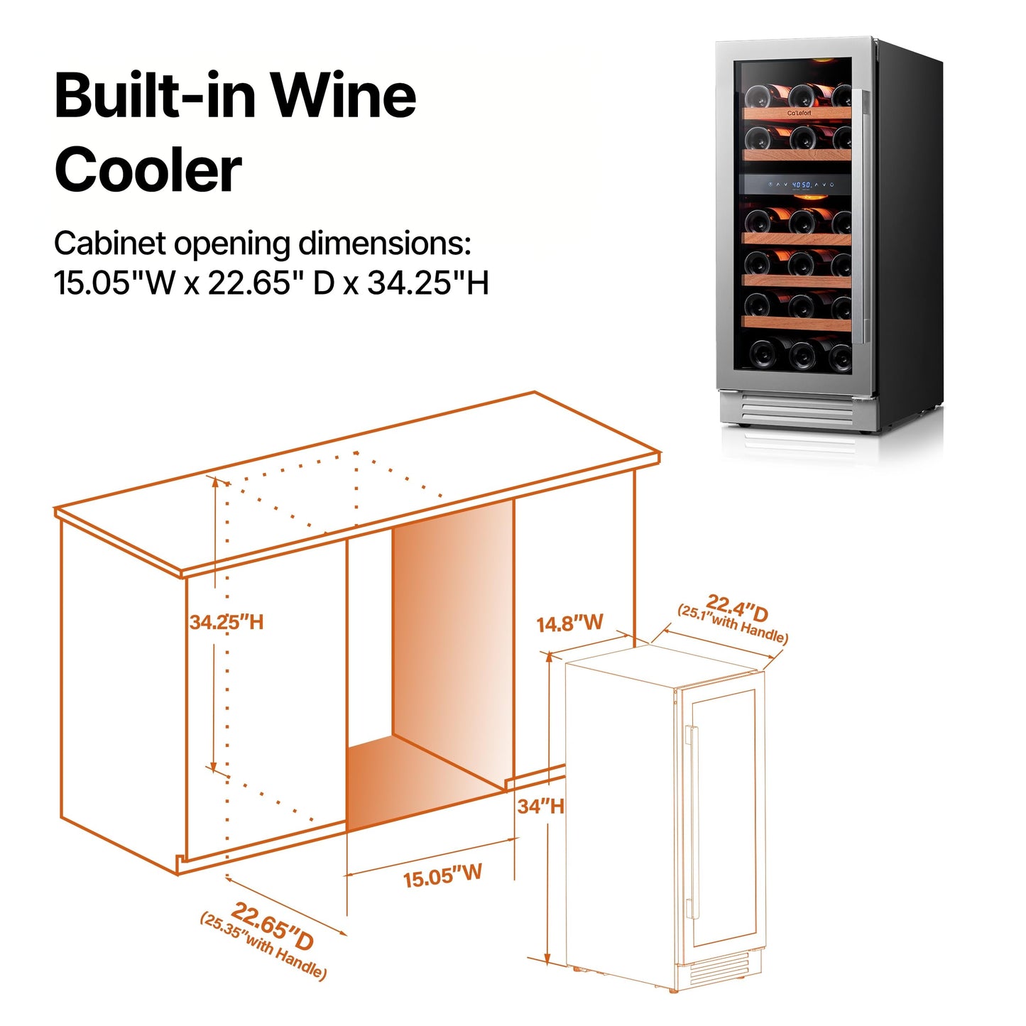 Ca'Lefort 15 Inch Wine Fridge - 28 Bottles Dual Zone Wine Cooler with Glass Door, 40-65° Temp Control, Adjustable Shelf & 3 LED Light Built-in or Freestanding for Home Bar Kitchen Left-Hinged Door