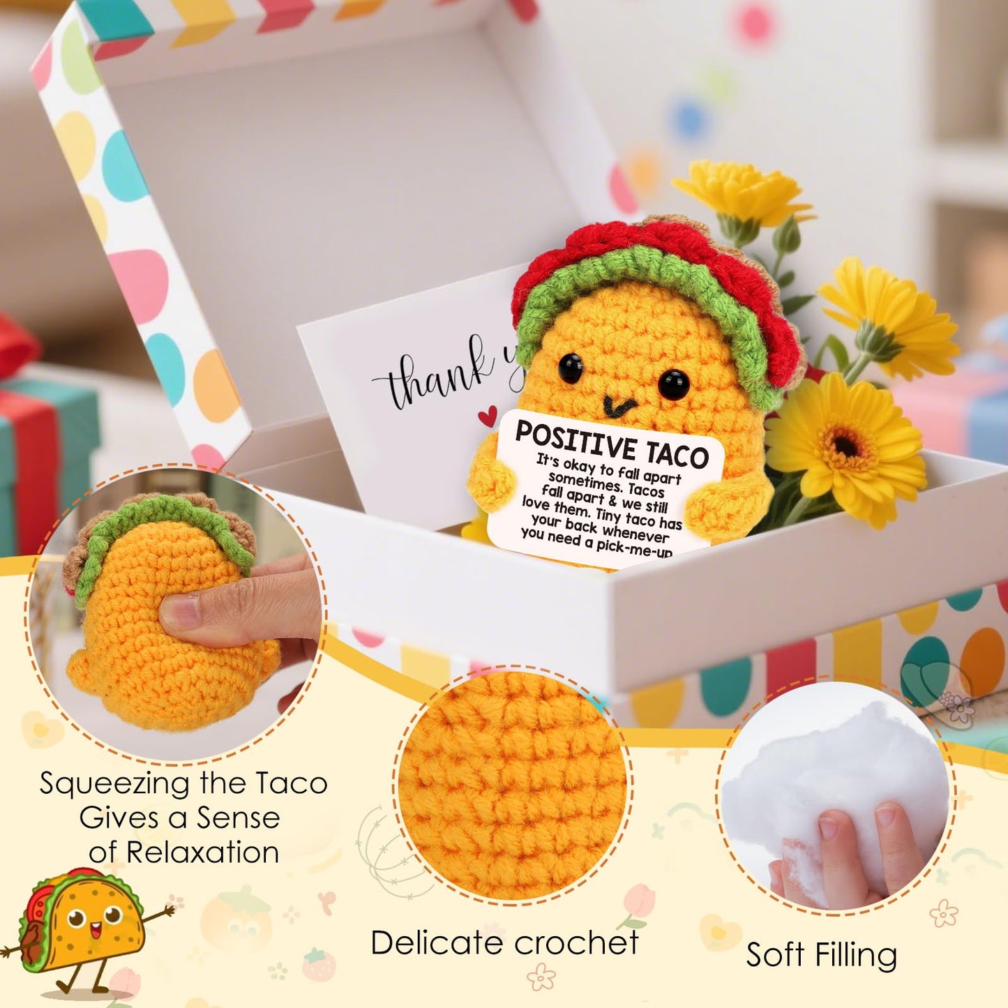 Positive Crochet Taco Birthday Gifts for Women Men Teacher Appreciation Mothers Day Graduation Gift Adult Kids Son Mom Dad Daughter Sister Friend Coworkers Self Care Card Inspirational Support