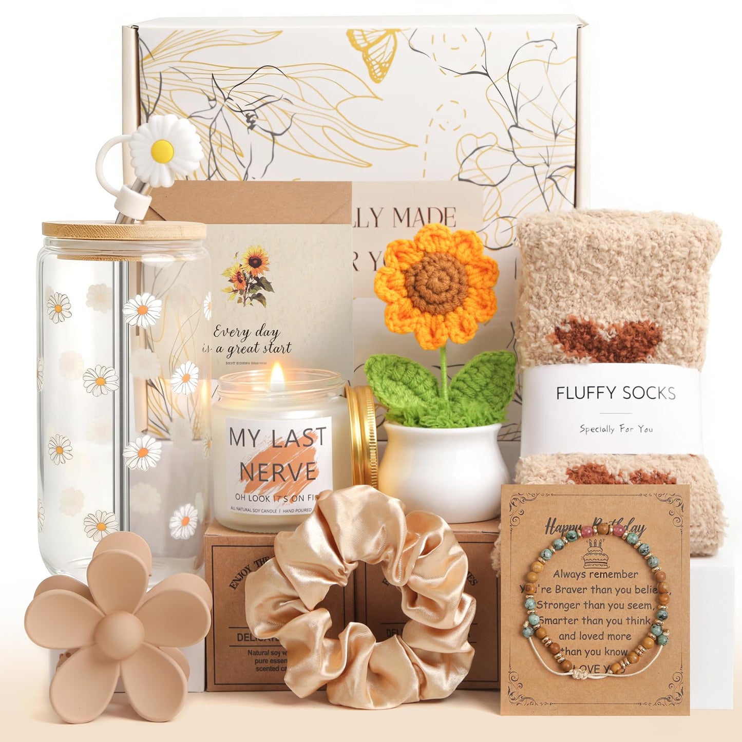 Birthday Gifts for Women, Teen Girls, Her, Unique Happy Birthday Gift Baskets for Best Friend Sister Daughter, Women Mother Gifts Box for Girls Wife Girlfriends, 10pcs Cute Daisy Gift Set(Brown)