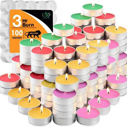 AAA JN 100 Pack Diwali Candles - Smokeless Tea Lights, 2-3 Hours Long Burning, Multicolor Paraffin Wax for Festivals, Religious Rituals, Home Decor, Weddings & Emergencies