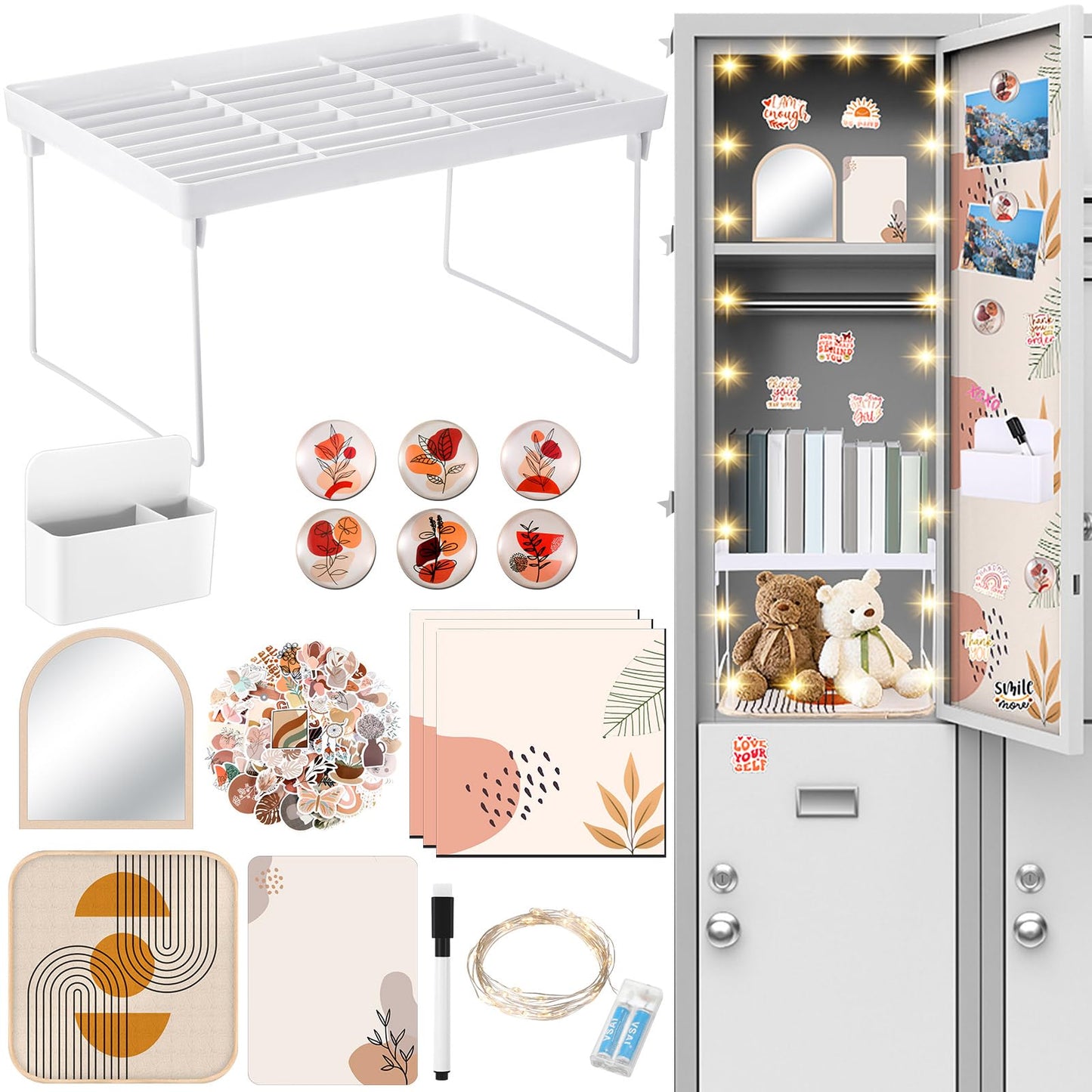 CroBlissful School Locker Accessories for Girls First Day of School Essentials Locker Decoration with Magnetic Wallpaper Mirror Pen Holder Shelf Faux Fur Rug Whiteboard Marker Magnets(Boho)