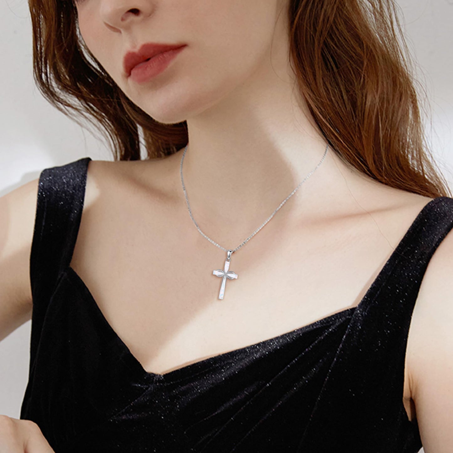 ONEFINITY Opal Cross Necklace 925 Sterling Silver Infinity Cross Pendant Necklace White Opal Jewelry Gifts for Women