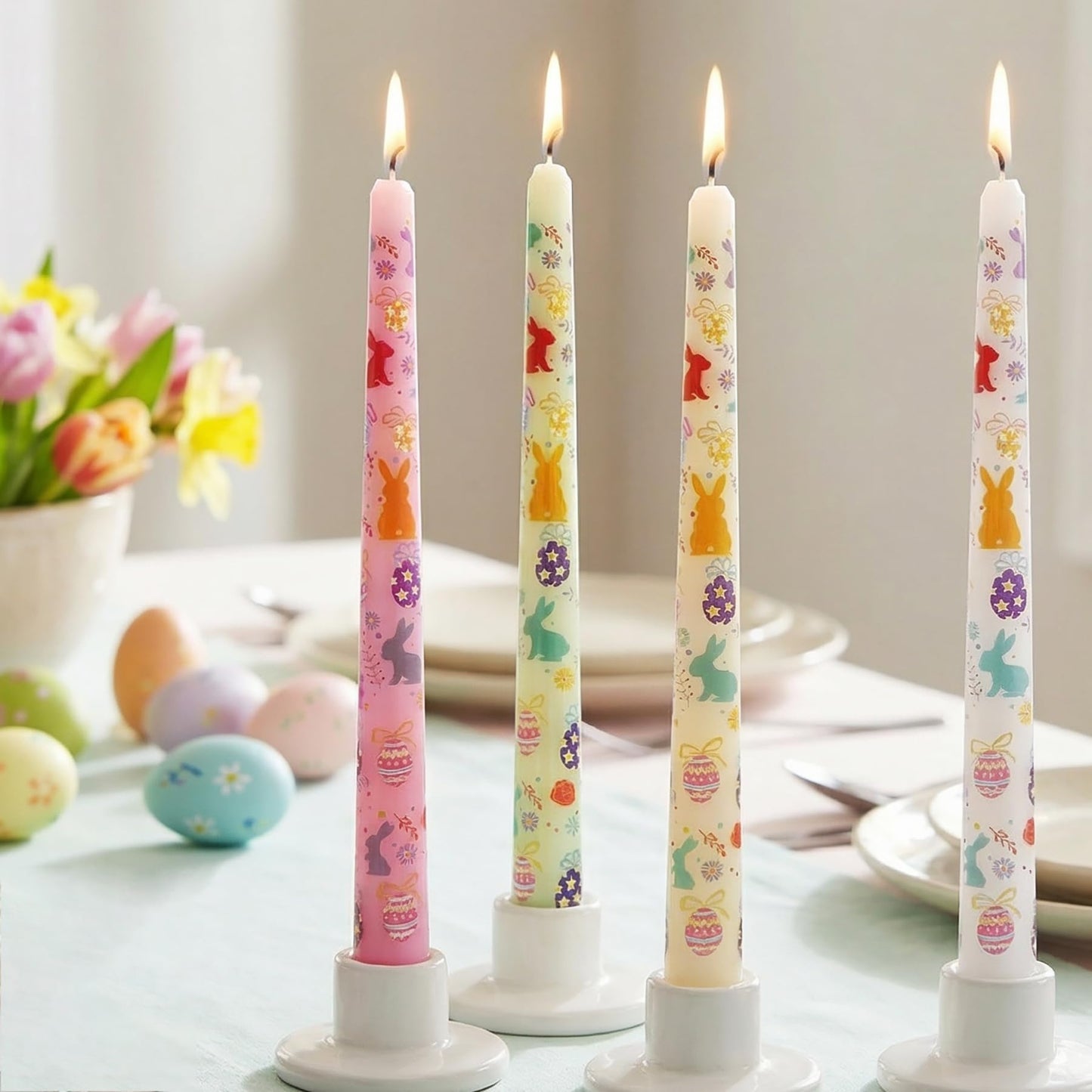 FYBW 4 Pack Easter Printed Taper Candles, 10" Long Decorative Candles with Spring Bunny & Egg Design Decorative Candles for Easter Table & Home Decor"