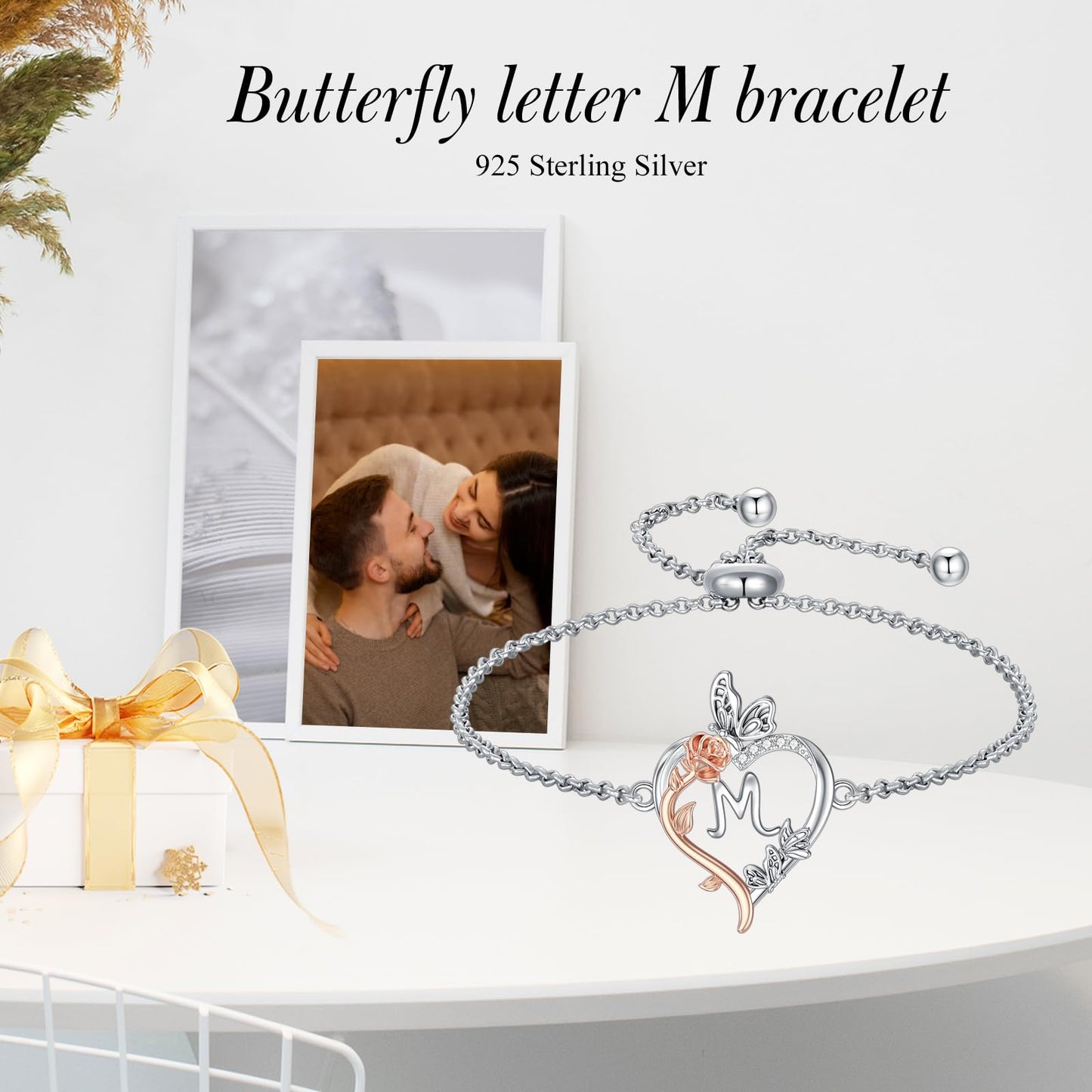 TOUPOP Rose Heart Bracelet for Women Sterling Silver Heart Initial M Letter Bracelet Butterfly Love Jewelry Anniversary Birthday Mothers Day Gifts for Mom Wife Her Girlfriend