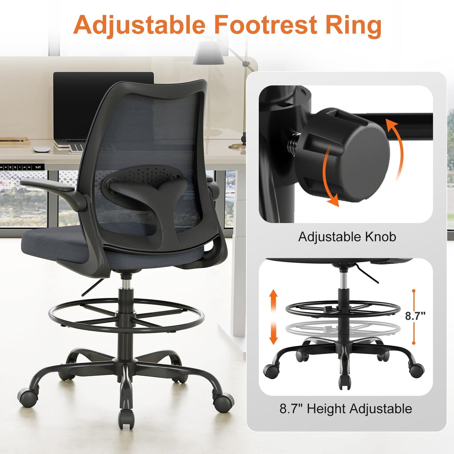 BERYTH Tall Office Chair for Standing Desks,High Desk Drafting Chair with Adjustable Footrest Ring,Ergonomic Lumbar Support,Flip-Up Armrests for Home Office,Grey