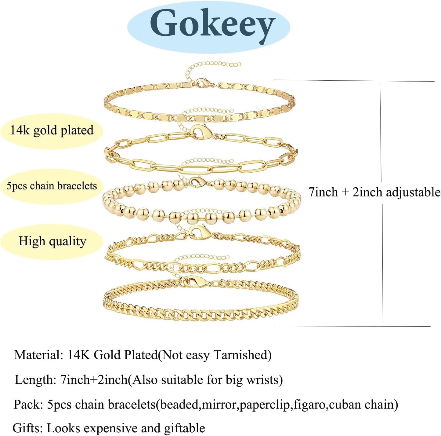 Gokeey Dainty 14K Real Gold Plated Bracelets Set for Women，Stackable Beaded Cuban Chain Link Layered Gold Bracelet for Women Trendy Gold Jewelry 5pcs