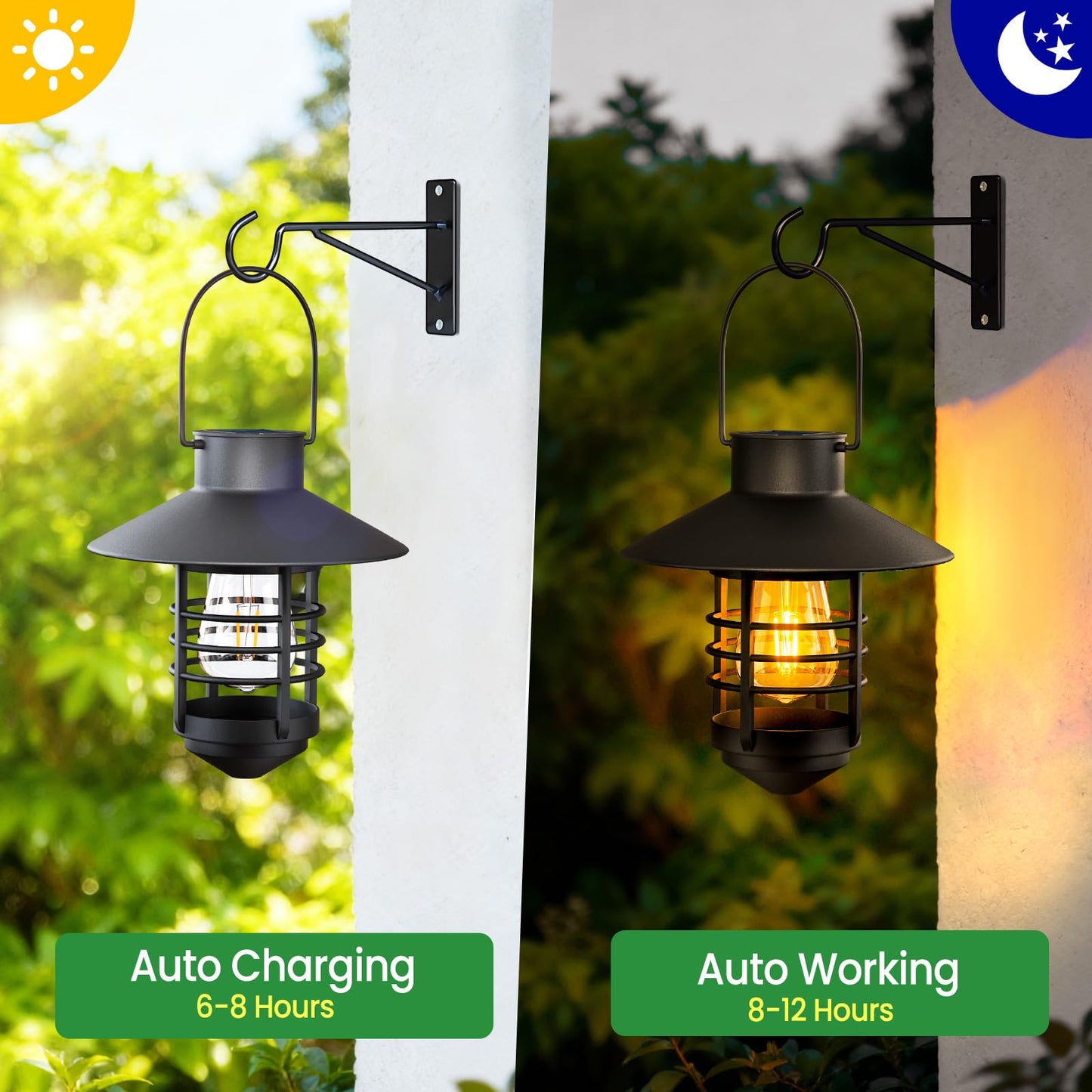 2 Pack Solar Lanterns Outdoor, Waterproof Hanging Solar Lights with Wall Mount Kit, Plastic Lanterns Solar Powered for Garden Decor, Patios, Trees, Front Porch, Gifts for Women Mom