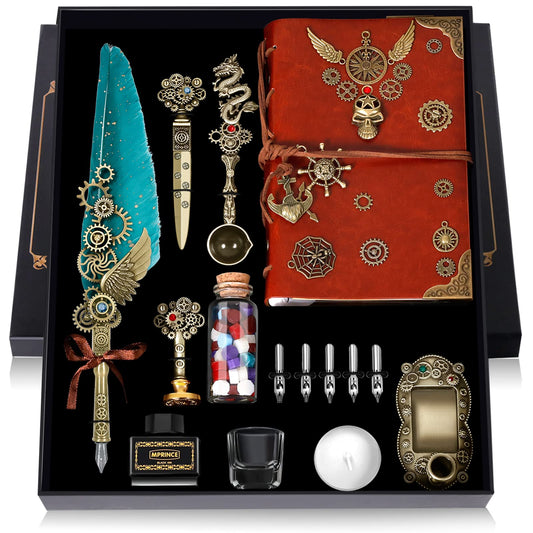 Aifeiter Quill Pen and Ink Set With Quill and 5 Replaceable Nibs,Seal Stamp,Spoon,Wax Beads,White Wax,Pen Holder, Cup,Envelope,Letter Paper,Envelope Tool(green)