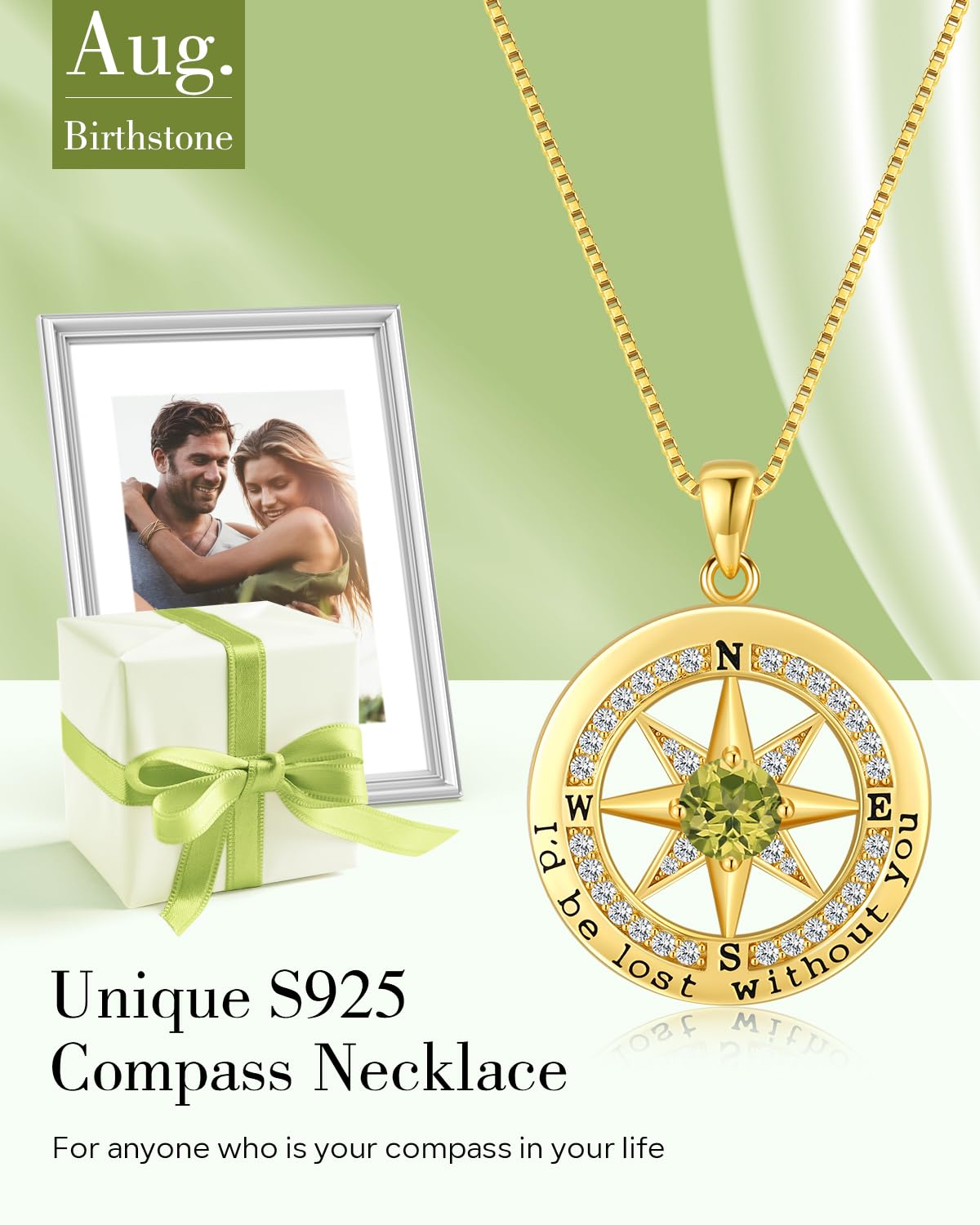 S925 Necklace Gift for Wife |Compass Jewelry |Women Anniversary |Sterling Silver |Girlfriend Birthday Necklaces for Her Valentines |I'd be Lost without You |Jewel 18K Gold Aug 08