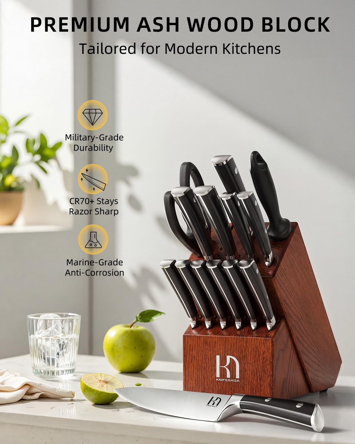 KnifeSaga Knife Set, 15 Pcs Kitchen Knife Block Set, Enduring Razor-Sharp High Carbon Stainless Steel Chef Knife Set with Block and Sharpener, Premium Knives Set for Kitchen, Ash Wood Valentine's Gift