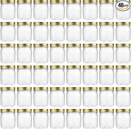 novelinks 8 oz Clear Plastic Jars with Airtight Lids, 48 Pack Plastic Mason Jars with Lids 8oz, Refillable Storage Slime Containers & Small Spice Jar for Kitchen Organization (48 Pack,Gold)