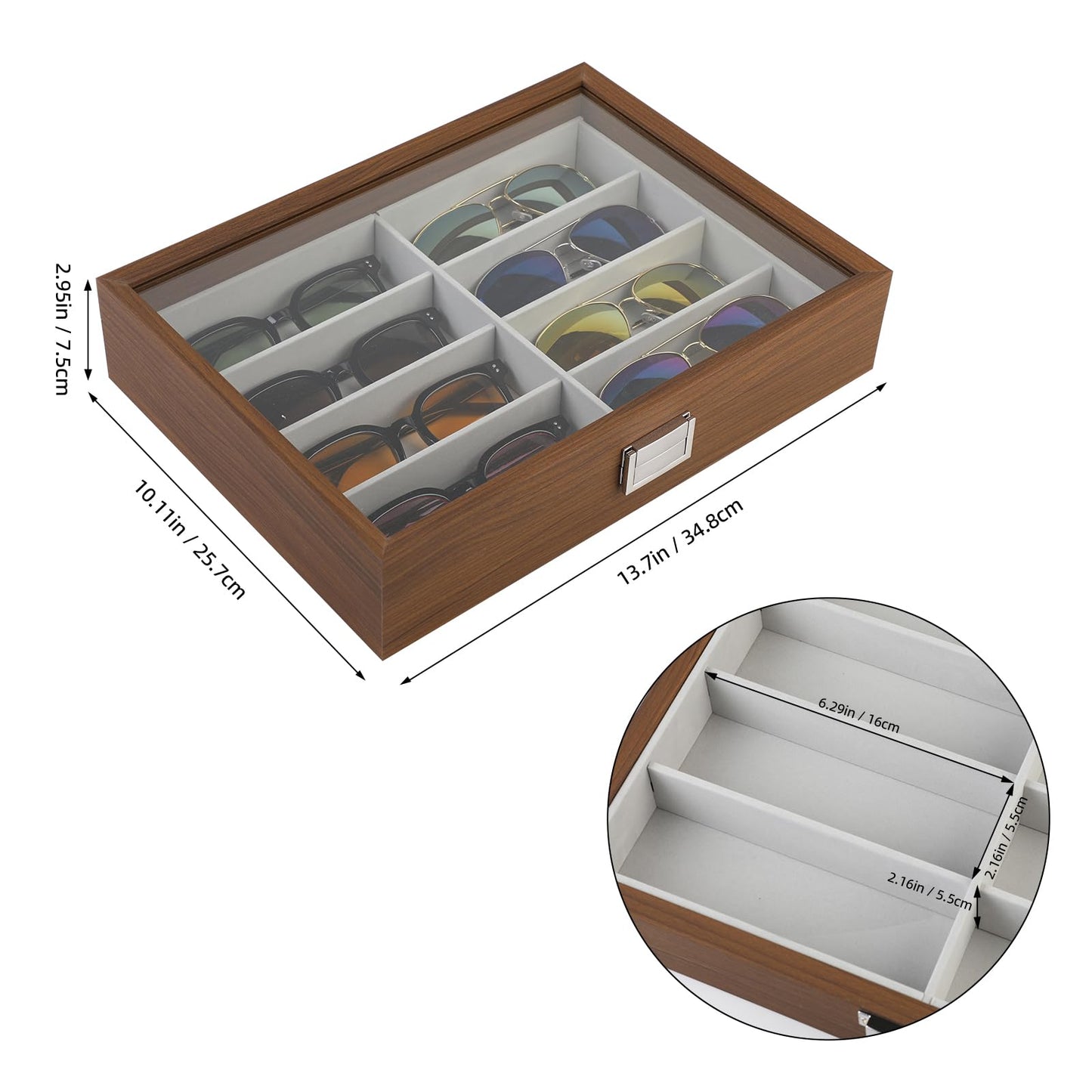 Baojulong Wooden Sunglasses Organizer Box, Eyewear Display Eyeglass Case for Men Women, Glasses Storage Box Sunglass Holder Gifts (8 Slots)
