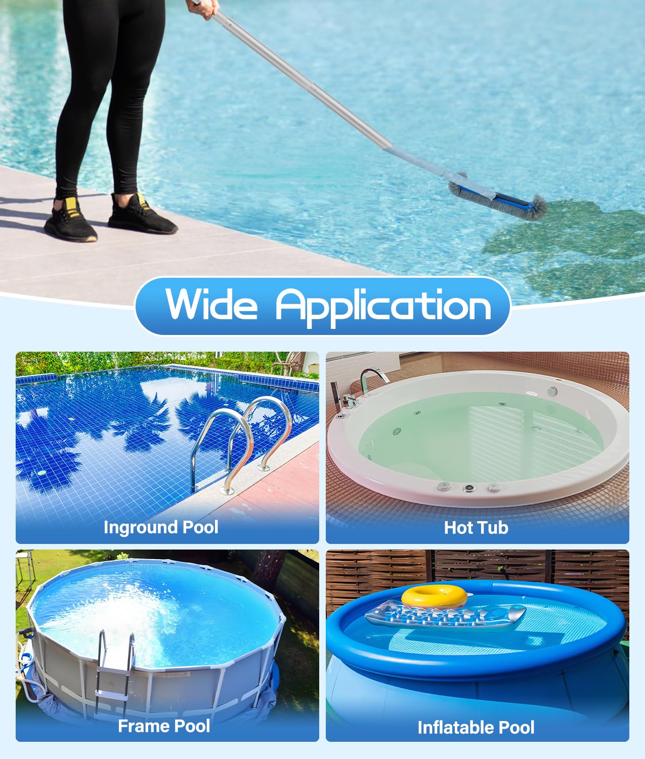 17.4'' Swimming Pool Brush Head with Round Ends, EZ Clip Aluminum Handle, Heavy Duty Pool Brushes for Clean Swimming Pools Faster, Extra Corner Brush Head for Clean Pool Steps & Corners