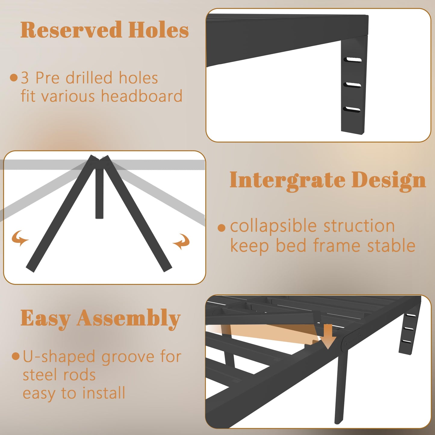 KOSOSO 10 Inch Queen Bed Frame, Black Bed Frame Queen Size with Metal Baffles, No Box Spring Needed, Heavy Duty Steel Platform Support, Rounded Corner Design, Reserved Holes, Storage Space, Noise Free