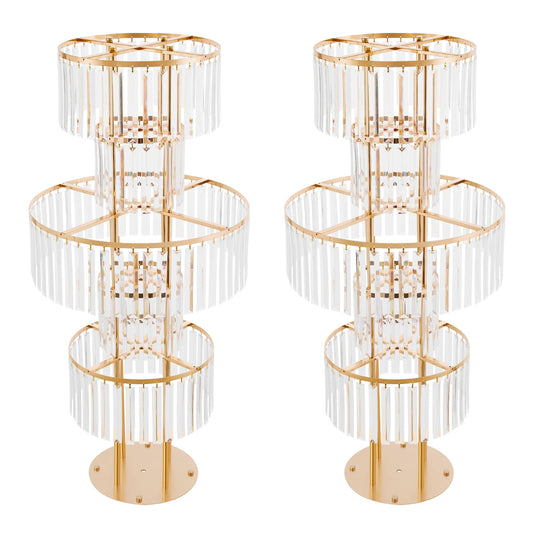 2 PCS Crystal Vases for Centerpieces, 43.3 in Tall Metal Pedestal Stands with Hanging Crystals for Table Chandelier Centerpiece, 5 Tiers Flower Stand for Wedding Reception Party (Gold, Round Base)