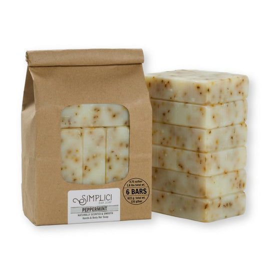 Simplici Peppermint Natural Soap (exfoliating + pure essential oils) 6 Bar Value Bag. Palm Free.