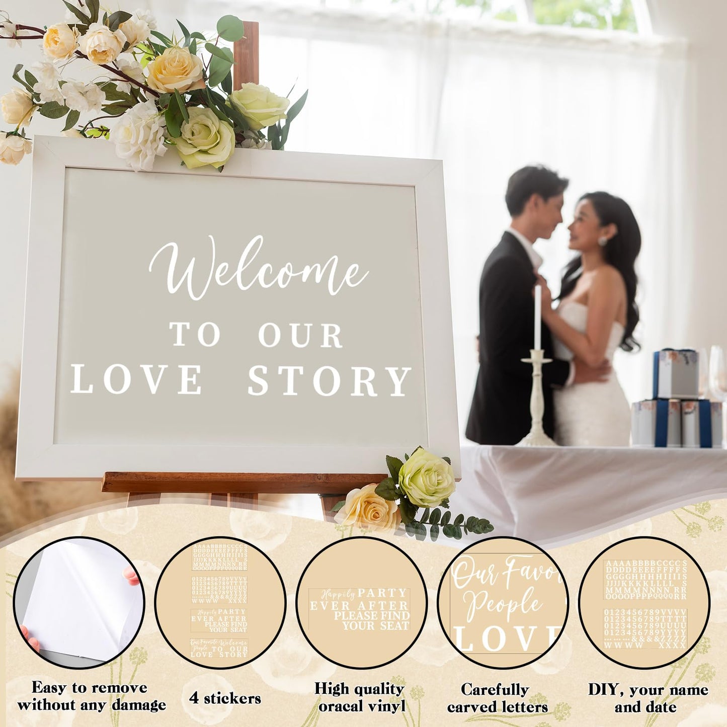 MotiMind 4 Pcs Wedding Mirror Welcome Sign Decal Seating Chart Stickers DIY Wedding Party Supplies Removable Vinyl Letter Decals for Bridal Shower Marriage Reception(Welcome,White)