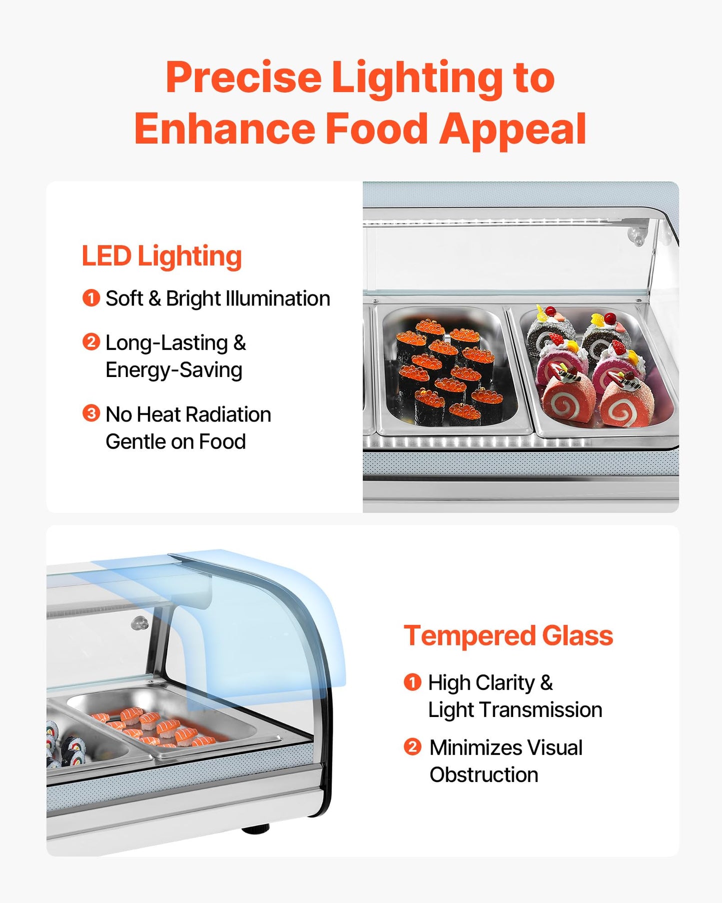 VEVOR Sushi Display Case Refrigerator, 2.5 Cu.ft Commercial Sushi Case, 7-Pan Countertop Showcase with Curved Glass, LED Lighting, and Digital Temperature Control, for Sushi-Bar, Restaurant, Store