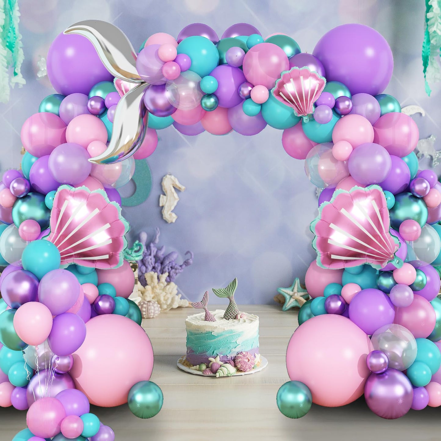 Mermaid Balloon Arch Garland Kit, Mermaid Tail Balloon Garland with Pastel Pink Purple Green Teal Metallic Latex Balloons for Girls Birthday Baby Shower, Under the Sea Shell Theme Party Decor Supplies