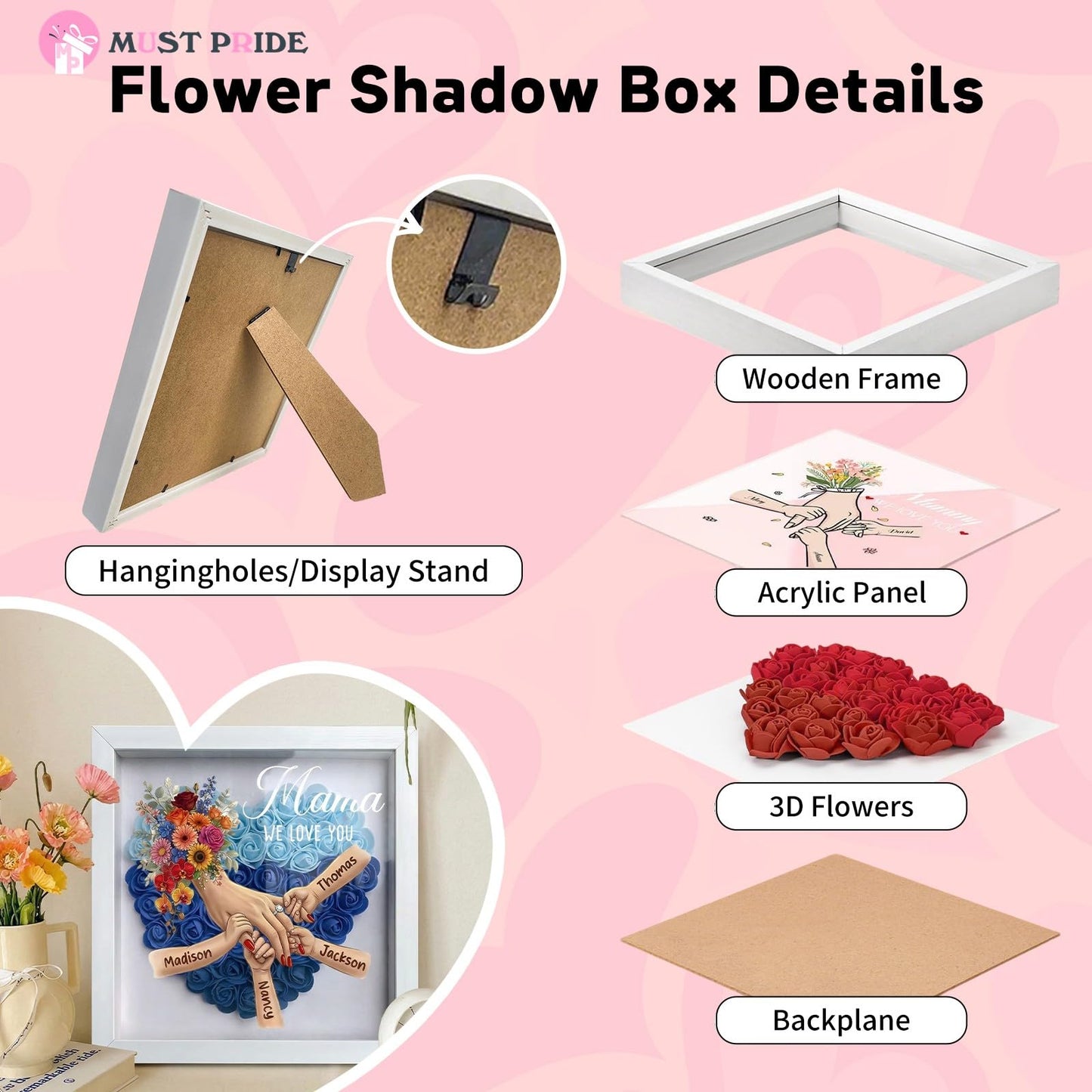 Custom Mom Flower Shadow Box with Kids Name for Mother's Day Personalized Eternal Flower Shadow Box with Text Mothers Day Anniversary Birthday Flower Gift for Mom Grandma