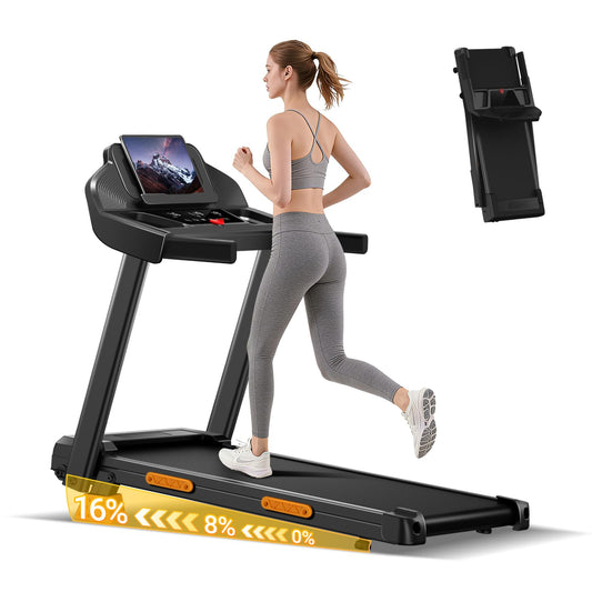 16% Incline Treadmill with Handle, 4-in-1 Foldable Treadmill with Triple-Screen Console, 3.0HP Quiet Brushless Treadmills for Home and Office Use, 400 LBS Capacity