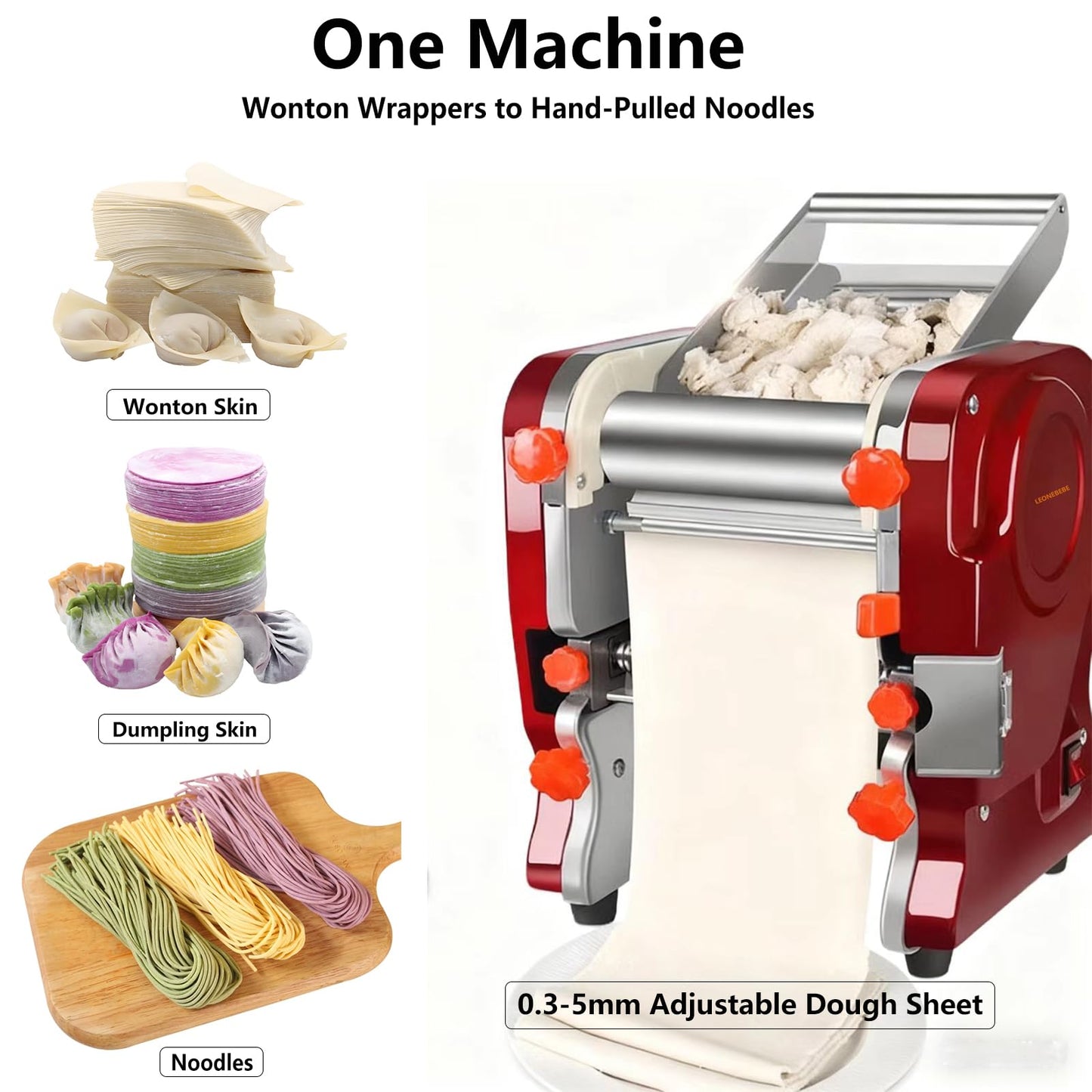 LEONEBEBE Commercial Pasta Maker Machine, Electric Noodle Roller, Bulit-in Press Sheeter, 3/9MM Dual Blades, Thickness Adjustable (0.3-5mm) for Restaurant Use
