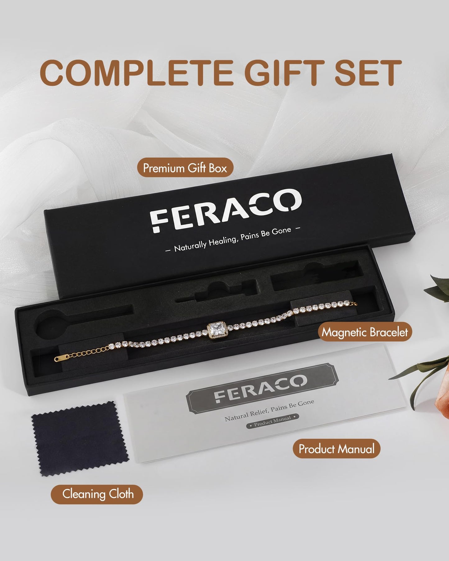 Feraco Magnetic Bracelets for Women, 18K Gold Plated Stainless Steel Dainty Tennis Bracelet with 4PCS 3800 Gauss Neodymium Magnets & AAA+ Cubic Zirconia, Lobster Claw