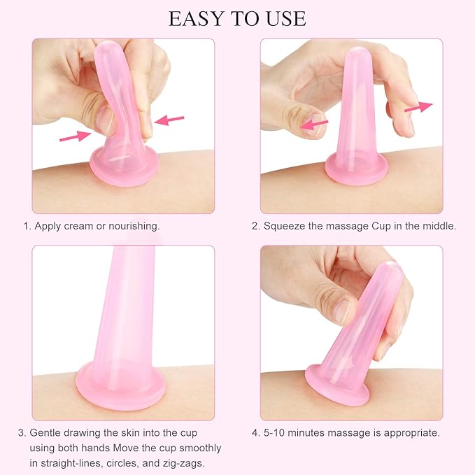 BBTO Silicone Facial Cupping Set, Vacuum Massage Cup Kit for Body, Face, Neck, Back, and Eye, 6 Cups and Exfoliating Brush