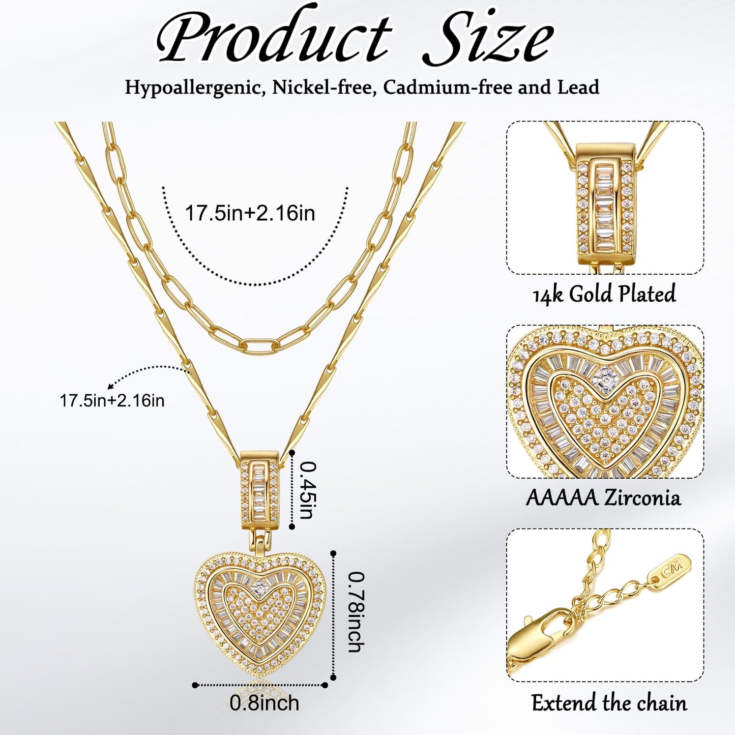 MEIITRUE Heart Necklaces for Women Trendy 14k Gold Plated Dainty Layered Necklace Set Cubic Zirconia Love Pendant Choker Thin Paperclip Chain Stackable Jewelry Gift