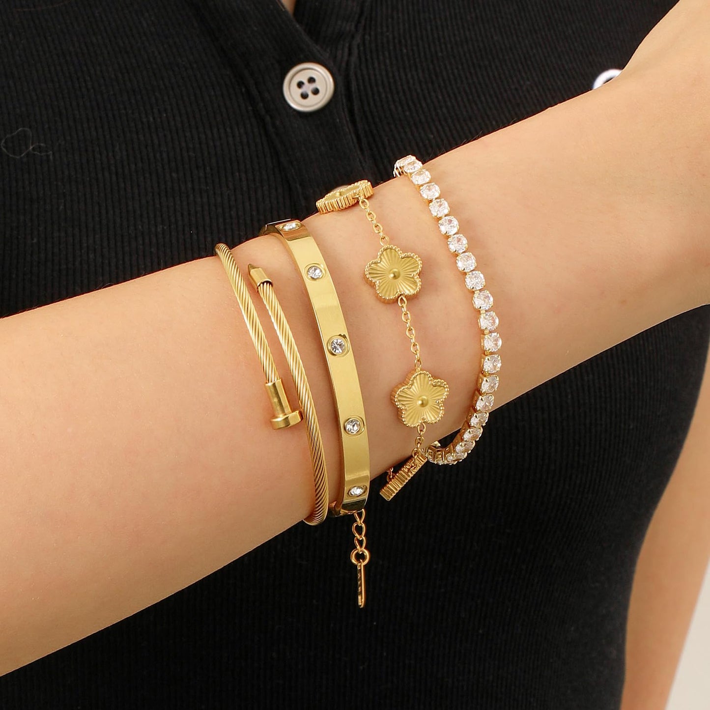 MEIERYA 18K Gold Plated Womens Stackable Floral Bracelets Set,Twisted Cable Bangle,Trendy Jewelry,Waterproof adjustable bracelet,Christmas Birthday Gifts for Girlfriend or Mother. (06-Color-gold)